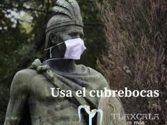 Estatua de Xicohténcatl porta cubrebocas como medida de concientización a la población. Fotografía: Tlaxcala Es Más.