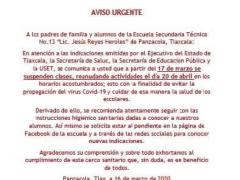 Aviso urgente de la dirección de la Secundaria Técnica No. 13 Jesús Reyes Heroles