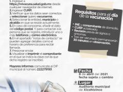 Flyer Campaña de vacunación contra el COVID-19, Xicohtzinco, Tlaxcala. DIF municipal.