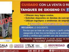 Flyer Cuidado con la venta o renta de oxígeno en Facebook. Fotografía: Policía Cibernética de Tlaxcala.