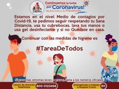 Cartel Estamos en el nivel Medio de contagios por COVID-19. Facebook: Ayuntamiento de Emiliano Zapata.