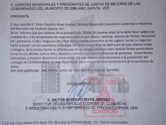 Oficio del ayuntamiento de Emiliano Zapata, Veracruz sobre cancelación de actividades por COVID-19.