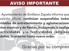 Aviso de suspensión de actividades con aglomeraciones. Ayuntamiento de Emiliano Zapata, Veracruz.