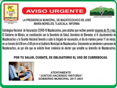 Aviso urgente para convocar a jornada de vacunación. Ayuntamiento de Mazatecochco.